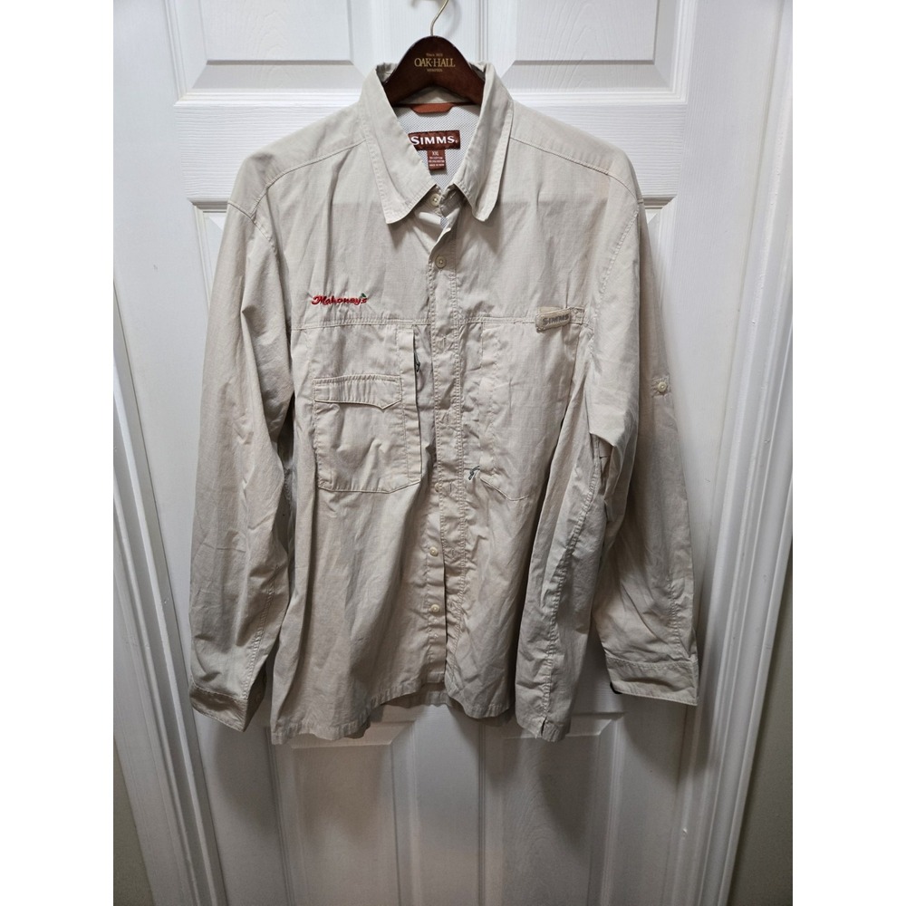 Simms Fishing Shirt Mens 2XL Beige Solid Long Sleeve Cor3 Vented Cotton Outdoor